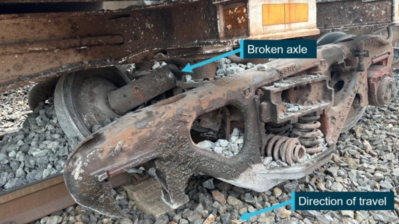 Damaged bogie showing half of the fractured axle half in-situ. Photo: ATSB