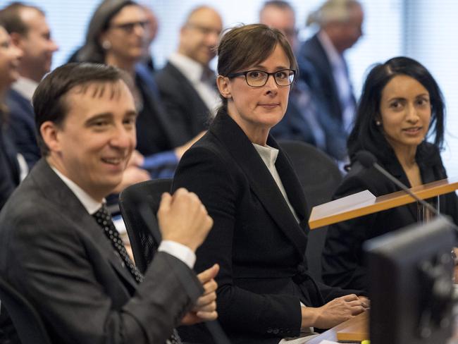 Financial services royal commission senior Counsel Rowena Orr, middle, with Mark Costello and Eloise Dais.