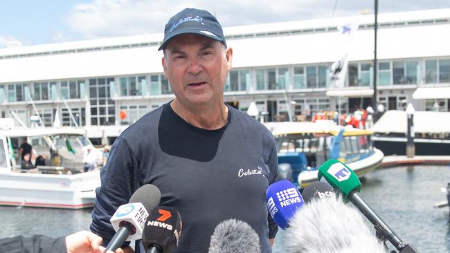 Commodore of the Cruising Yacht Club of Sam Haynes talks to media after winning the Tattersalls Cup on board Celestial. Picture: Linda Higginson