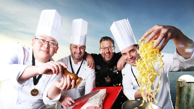 Tasmanian Senior Culinary team members Neil Li (chef de partie), Robin Kelly (senior chef de cuisine), Paul Forman (team manager) and Michael Norton (Drysdale team captain) have won gold at the Battle of the Pacific. Picture: Zak Simmonds