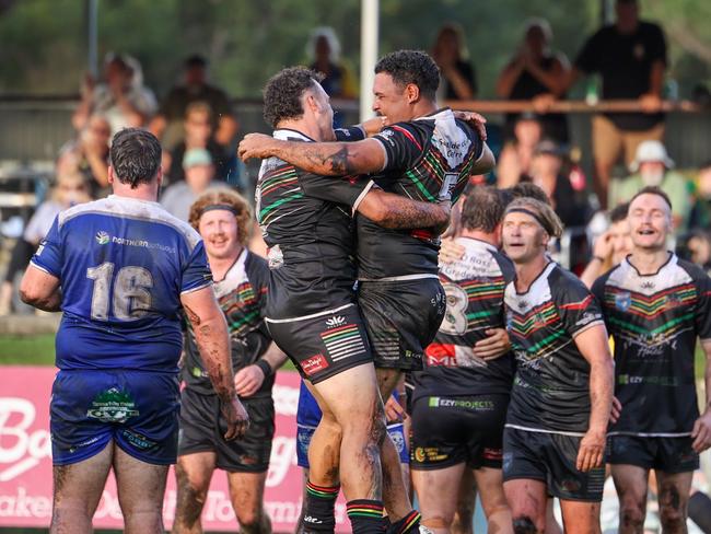 Sawtell celebrate a try to Kalani Morris. Sawtell Panthers v Grafton Ghosts, Group 2 Rugby League round one, 2025, at Rex Hardaker Oval. Picture: D Wigley