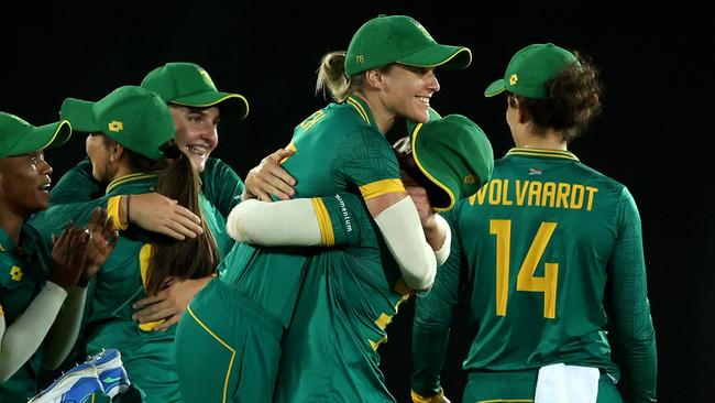 SYDNEY, AUSTRALIA - FEBRUARY 07: South Africa celebrate victory during game two of the Women's One Day International series between Australia and South Africa at North Sydney Oval on February 07, 2024 in Sydney, Australia. (Photo by Mark Metcalfe/Getty Images)