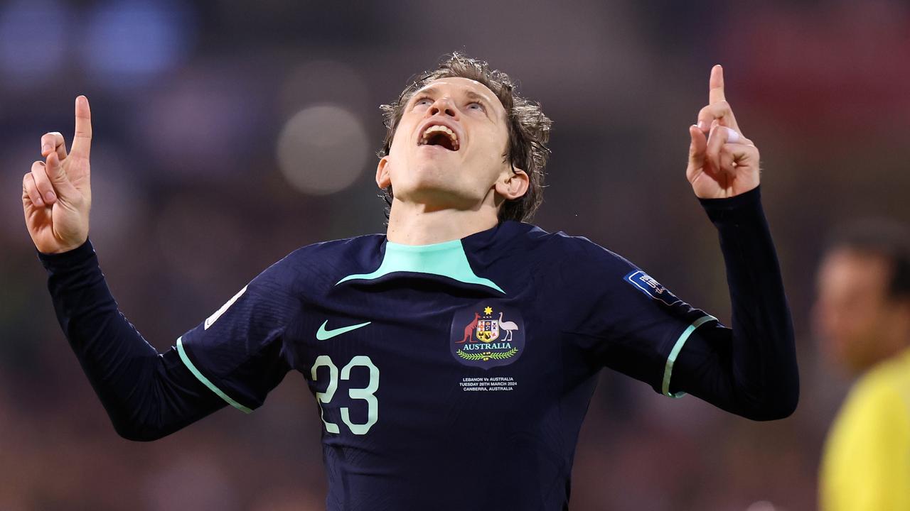 Craig Goodwin of Australia celebrates after kicking another goal. Photo by Mark Kolbe/Getty Images.