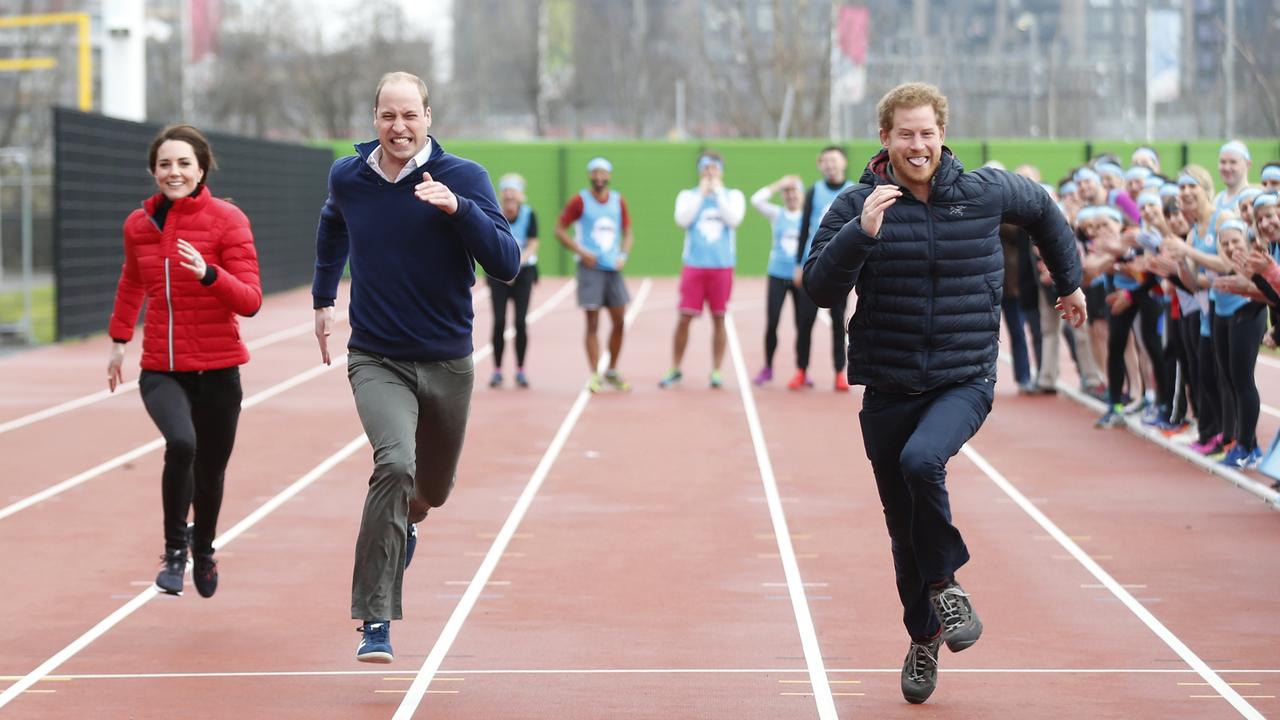 Back in 2017, when there was just the three of them, Kate, William and Harry performed all kinds of silly stunts to promote their laudable Heads Together project. Picture: Alastair Grant/WPA Pool/Getty Images