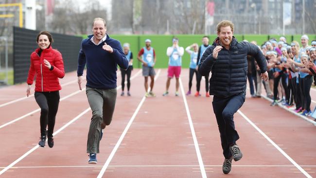 Back in 2017, when there was just the three of them, Kate, William and Harry performed all kinds of silly stunts to promote their laudable Heads Together project. Picture: Alastair Grant/WPA Pool/Getty Images