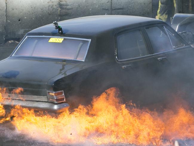 A Car catches Fire doing a burnout at  Summernats 31 2018 Photo: Keegan Carroll