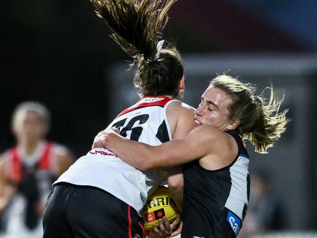 St Kilda’s Ella Friend is tackled by Maria Moloney. Picture: Mark Brake/Getty Images