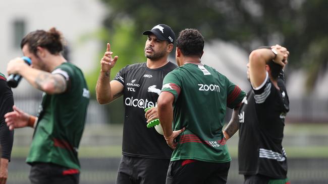 Greg Inglis remains at South Sydney in a coaching capacity, mentoring the likes ofLatrell Mitchell. Picture: Brett Costello