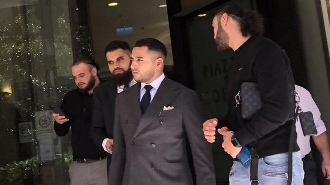 Rafat Alameddine’s high-profile criminal solicitor Abdul Saddik (front) argued the conditions were unwarranted in the current COVID-19 climate.