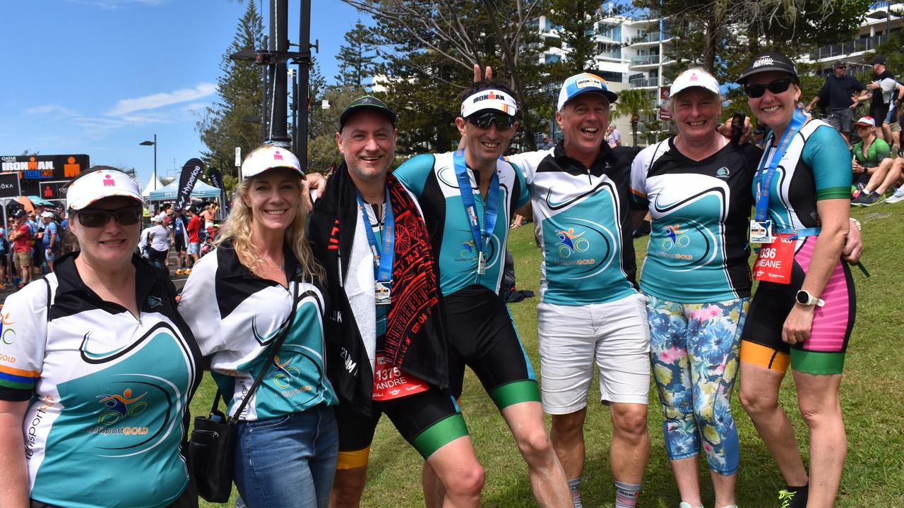 Jenni Beauzec, Andre Beauzec, Liz Harvey, Matt Brome, Martin Stockwell, Linda Stockwell and Trin Patch at the Sunshine Coast Ironman 70.3 at Mooloolaba 2022.