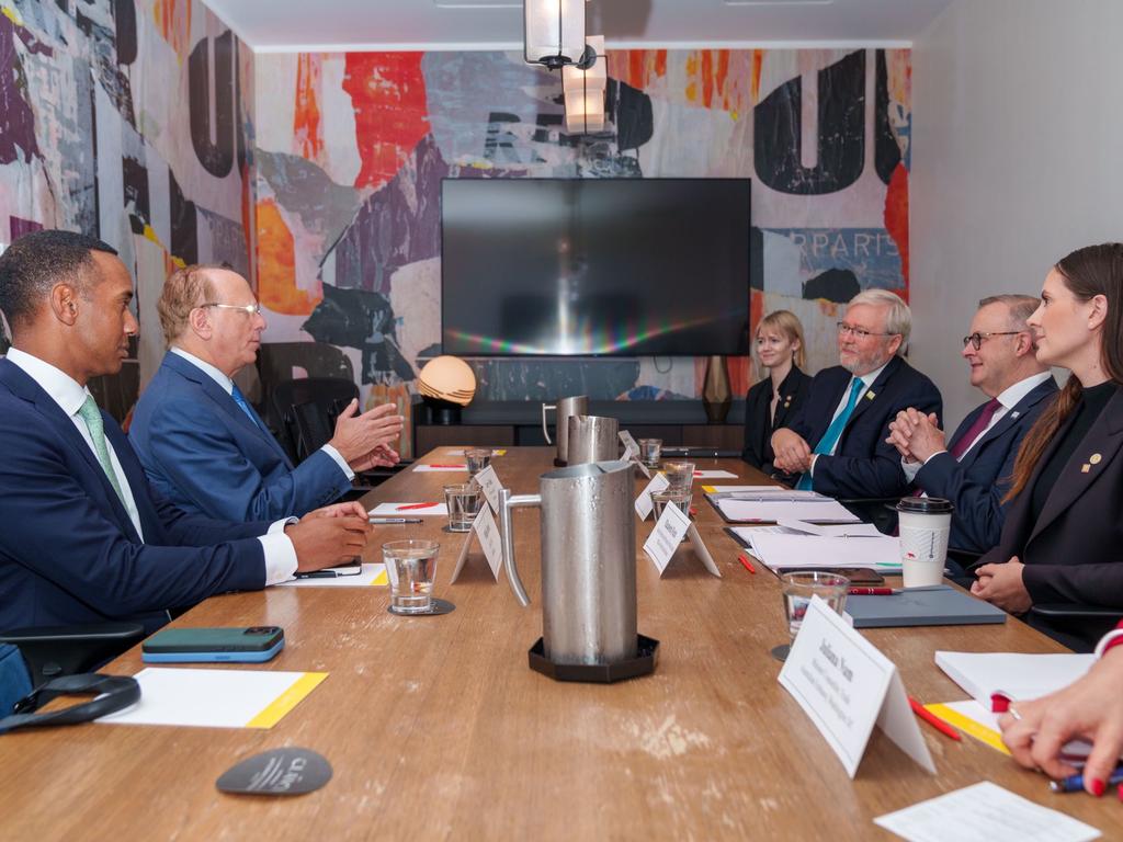 Australian Prime Minister Anthony Albanese and Kevin Rudd with Larry Fink, CEO of BlackRock, at the APEC summit in San Francisco. Picture: Twitter