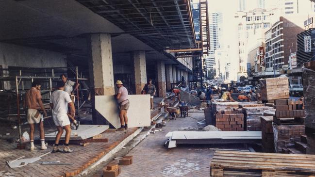 The front of the Myer Centre under construction in 1988. Photo: Gil Meland/State Library of Queensland.