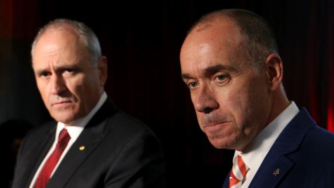 NAB chairman Ken Henry and chief executive Andrew Thorburn. Picture: David Geraghty