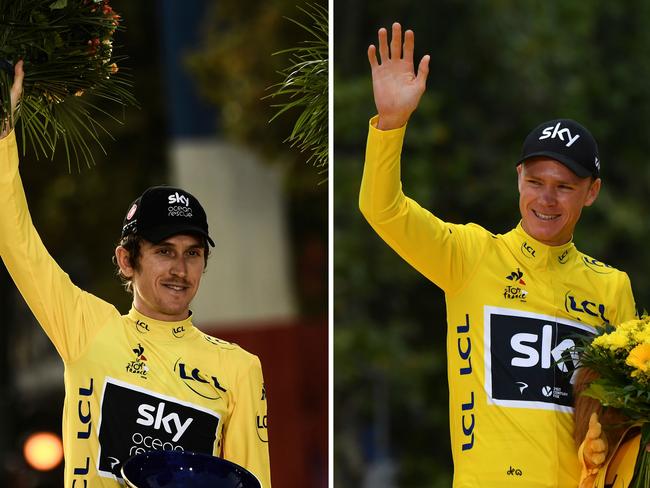 (COMBO) This combination of file photographs created on August 19, 2020, shows Tour de France 2018 winner Great Britain's Geraint Thomas (L) on July 29, 2018, and Tour de France 2017 winner Great Britain's Christopher Froome (R) on July 23, 2017, as they celebrate their respective victories on the podium in Paris. - Four-time Tour de France champion Chris Froome will not get the chance to end his spell with Team Ineos Grenadier with a tilt at a fifth crown after being omitted from the team for this year's race. The 35-year-old Kenyan-born British rider "needs more time" according to team principal Dave Brailsford and will instead aim for the Vuelta d'Espana, AFP learnt on August 19, 2020. Brailsford has also left out 2018 champion Geraint Thomas who will target the Giro d'Italia. (Photo by Philippe LOPEZ / AFP)