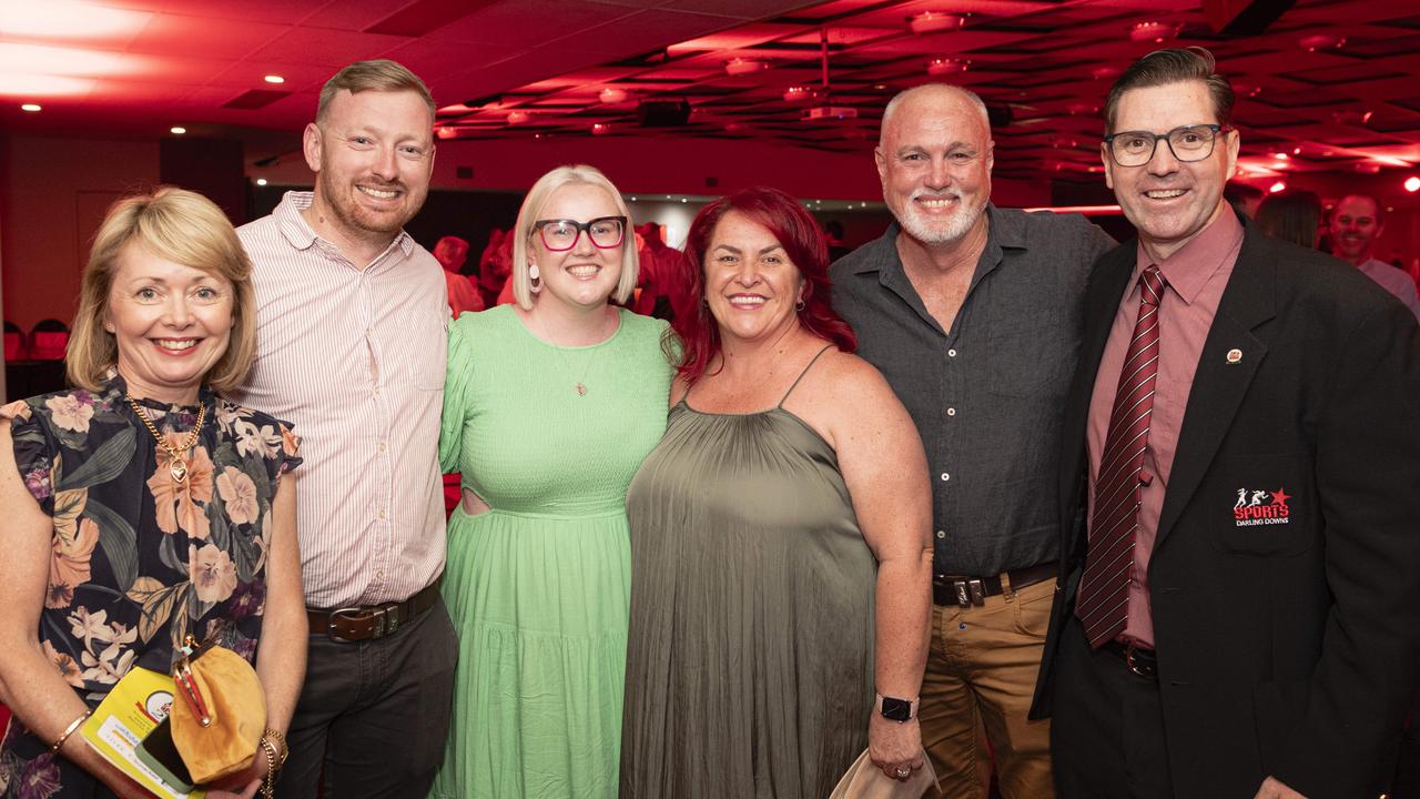 At the Sports Darling Downs presentation dinner are (from left) Lisa McDonald, Zac Crowdey, Molly Holmes, Michel Holmes, Darren Holmes and Geoff McDonald at Rumours International, Saturday, February 1, 2025. Picture: Kevin Farmer