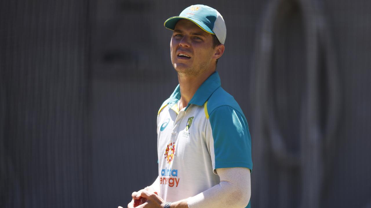 MELBOURNE, AUSTRALIA - DECEMBER 30: Mitchell Swepson of Australia looks on during an Australian nets session at Melbourne Cricket Ground on December 30, 2021 in Melbourne, Australia. (Photo by Daniel Pockett/Getty Images)