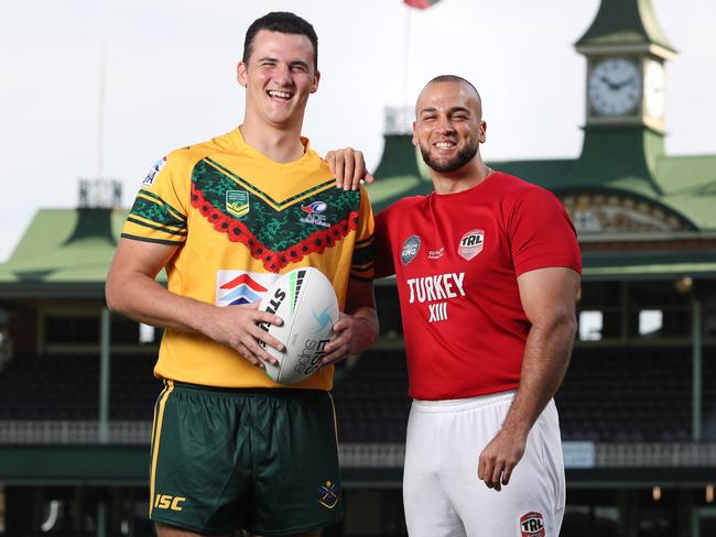 (L-R) Connor McCabe (ADFRL Captain), Arda Dalcik (Turkish Residents Captain) who will play in a game before the Roosters/Dragons game. Picture: Richard Dobson