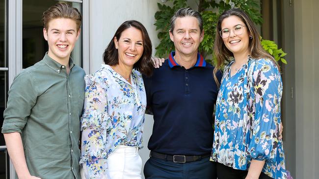 Tennis Australia Ambassador Todd Woodbridge at home with his wife Natasha and son Beau and daughter Zara. Picture: Ian Currie