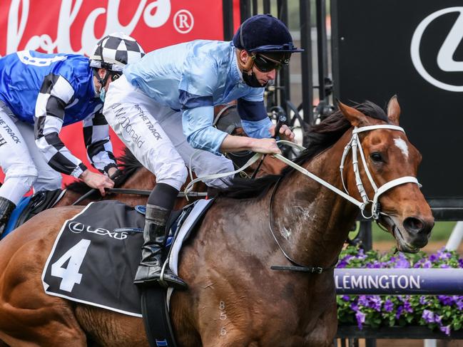 Great House (IRE) ridden by James McDonald wins the Lexus Hotham Stakes at Flemington Racecourse on October 30, 2021 in Flemington, Australia. (George Sal/Racing Photos via Getty Images)