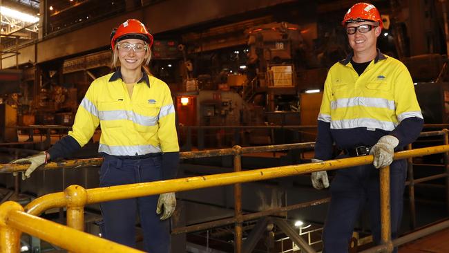 Jay Ferguson with materials engineering cadet Olivia Tonitto, 21, in the slab caster department. Picture: Jonathan Ng