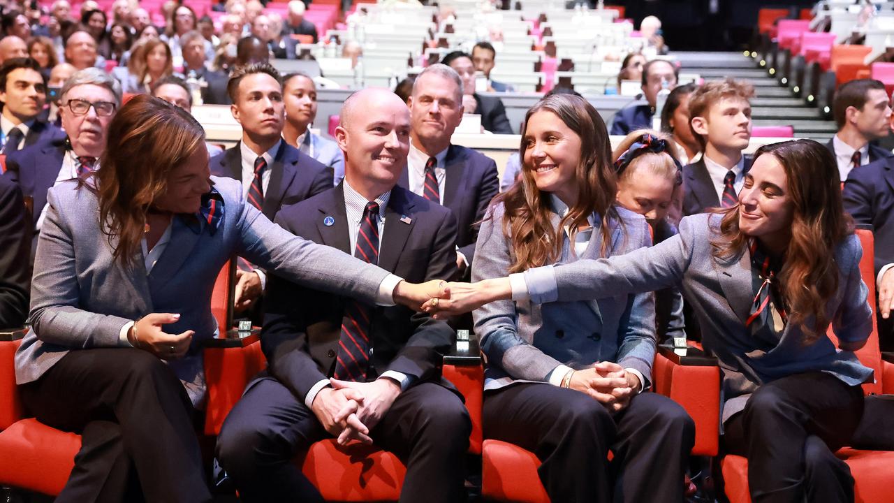 Members of the Salt Lake delegation celebrate being awarded the 2034 Games. (Photo by Arturo Holmes/Getty Images)