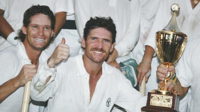 Dean Jones, left, with Australia captain Allan Border after winning the 1987 World Cup final.