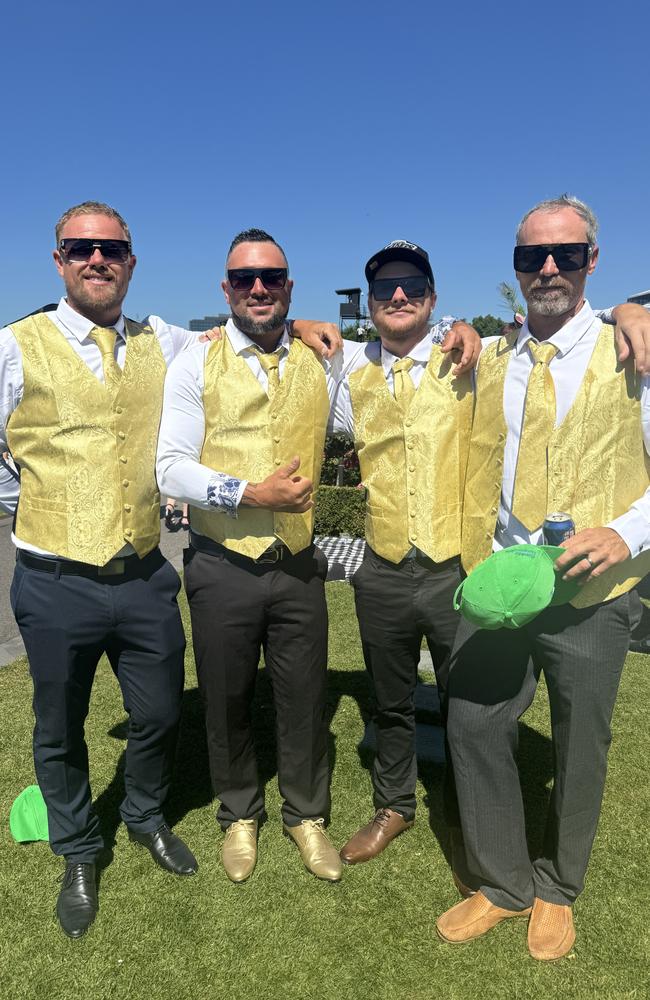 Corey Skennerton, Brad Lewis, Slade Bettles and Jack Webster at the Melbourne Cup at Flemington Racecourse on November 5, 2024. Picture: Phillippa Butt