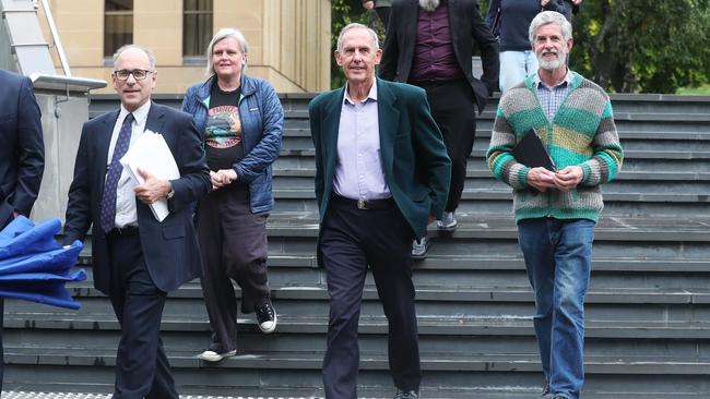 Roland Browne lawyer, Jenny Weber Bob Brown Foundation, Bob Brown, Paul Thomas partner of Bob Brown. Bob Brown Foundation at Supreme Court in Hobart in relation to case with MMG. Picture: Nikki Davis-Jones