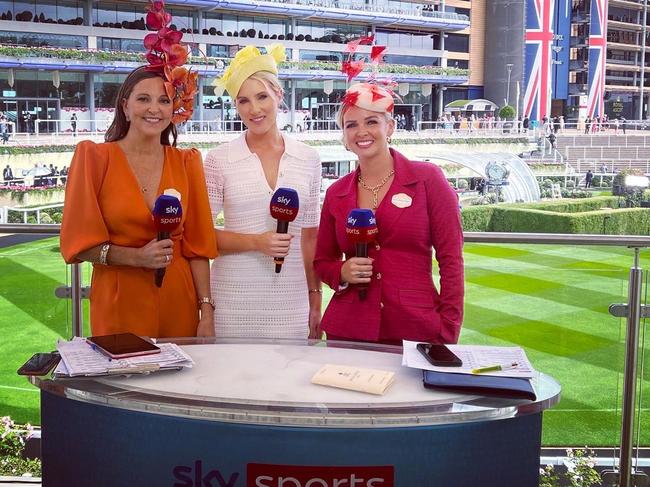 Sky Racing presenter Ally Mosley (centre) working at Royal Ascot for Sky Sports