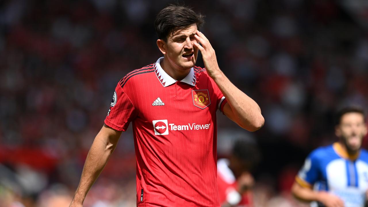 MANCHESTER, ENGLAND - AUGUST 07: Harry Maguire of Manchester United reacts during the Premier League match between Manchester United and Brighton &amp; Hove Albion at Old Trafford on August 07, 2022 in Manchester, England. (Photo by Michael Regan/Getty Images)