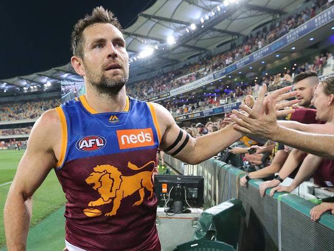 BRISBANE, AUSTRALIA - SEPTEMBER 14: Luke Hodge of the Lions thanks fans after the loss during the AFL Semi Final match between the Brisbane Lions and the Greater Western Sydney Giants at The Gabba on September 14, 2019 in Brisbane, Australia. (Photo by Jono Searle/AFL Photos/via Getty Images)