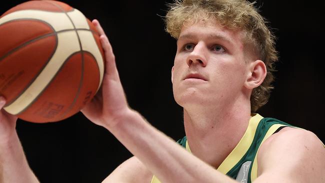 BENDIGO, AUSTRALIA - FEBRUARY 22: Rocco Zikarsky of Australia warms up before the FIBA Asia Cup 2025 Qualifying match between Australia Boomers and Korea at Red Energy Arena on February 22, 2024 in Bendigo, Australia. (Photo by Daniel Pockett/Getty Images)