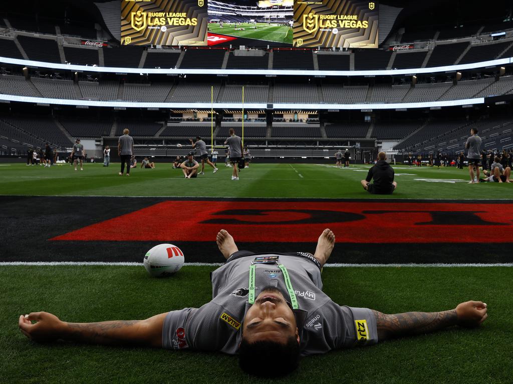 Moses Leota getting a feel for the ground during their walk through of Allegiant Stadium in Las Vegas. Picture: Jonathan Ng