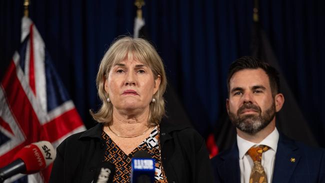 New Chief Minister Eva Lawler and Deputy Chief Minister Chansey Paech at the press conference talks about their priorities align with Territorians in her inaugural top job speech at the Parliament. Picture: Pema Tamang Pakhrin