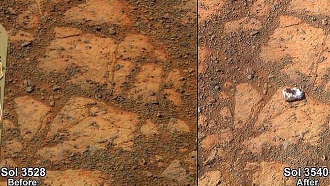 A rock or signs of alien life? The white rock, dubbed Pinnacle Island, that appeared suddenly on the surface of Mars. Pictures: NASA