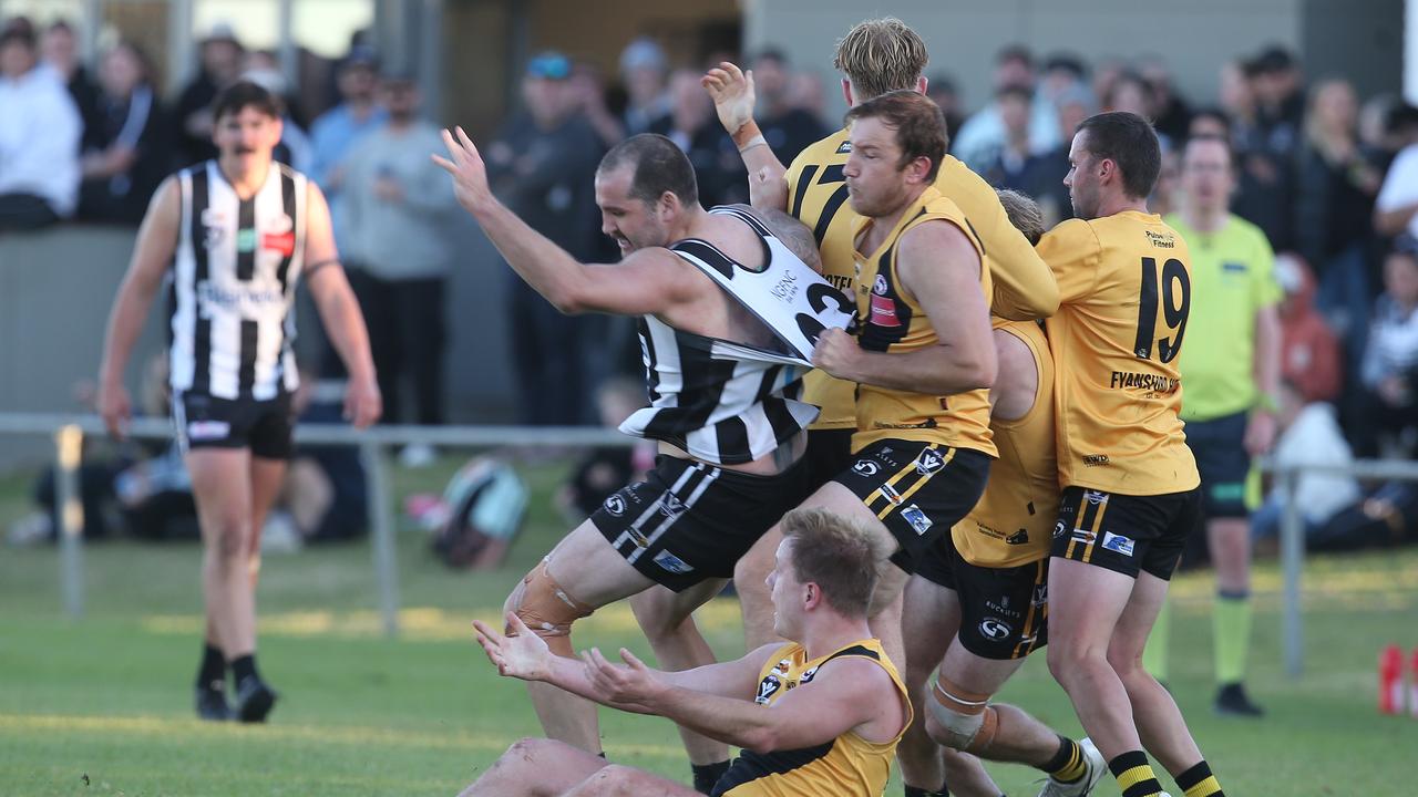 Bannockburn's Connor Jervies falls to the ground in a scuffle. GDFNL North Geelong v Bannockburn. Picture: Alan Barber