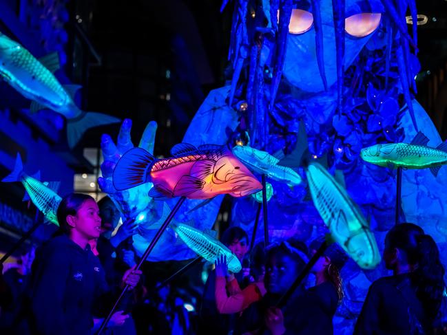 School children performing as part of Vivid Sydney at Barangaroo. Picture: Destination NSW