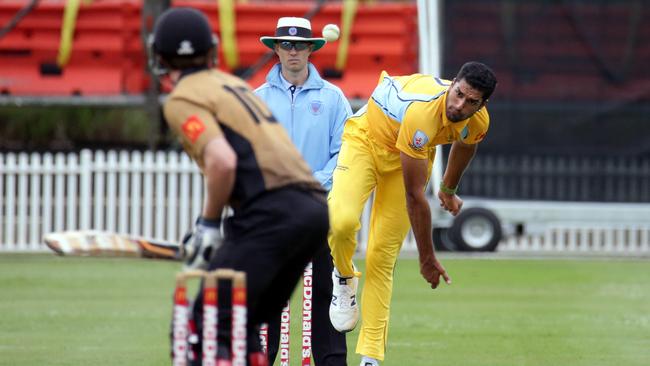 Gurinder Sandhu bowling for the Lions against Sydney at Drummoyne Oval in January.