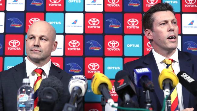 Matthew Nicks (left), with Crows CEO Andrew Fagan, speaks to the media during a press conference after being announced as the new coach of the Adelaide Crows. Picture: AAP