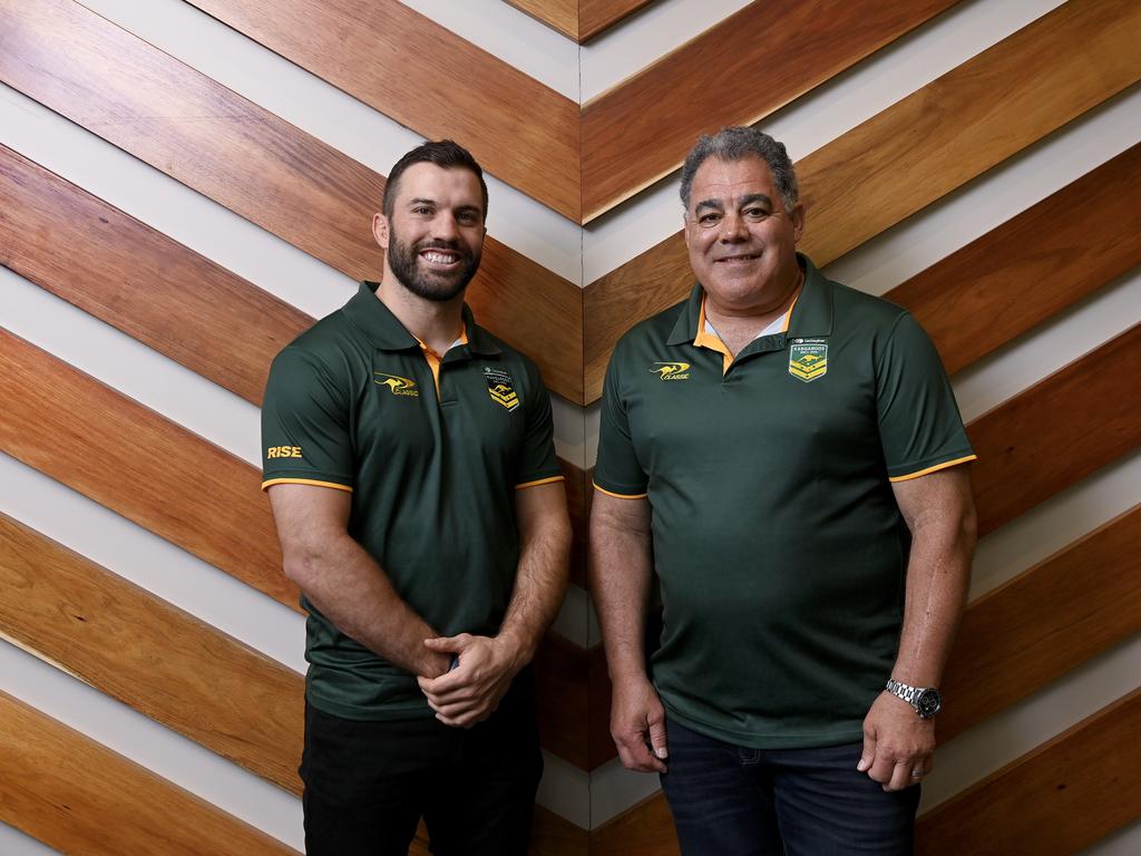 Kangaroos captain James Tedesco with coach Mal Meninga.