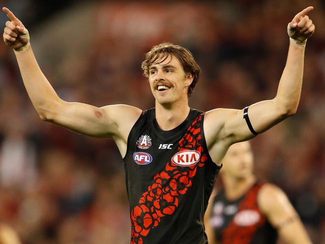 MELBOURNE, AUSTRALIA - APRIL 25: Joe Daniher of the Bombers celebrates a goal during the 2017 AFL round 05 ANZAC Day match between the Essendon Bombers and the Collingwood Magpies at the Melbourne Cricket Ground on April 25, 2017 in Melbourne, Australia. (Photo by Adam Trafford/AFL Media/Getty Images)