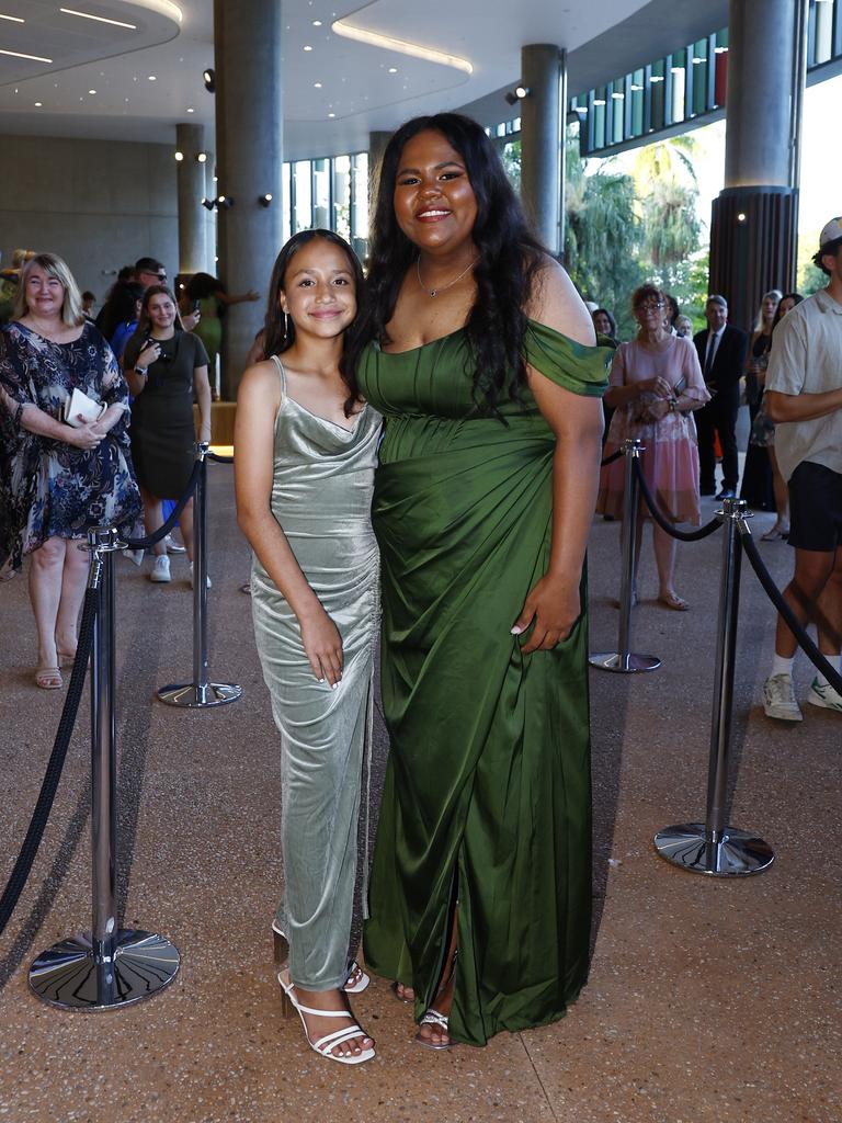 Janis Nona and Jaliliah Ahmat arrive at the Peace Lutheran College formal evening at the Cairns Convention Centre. Picture: Brendan Radke