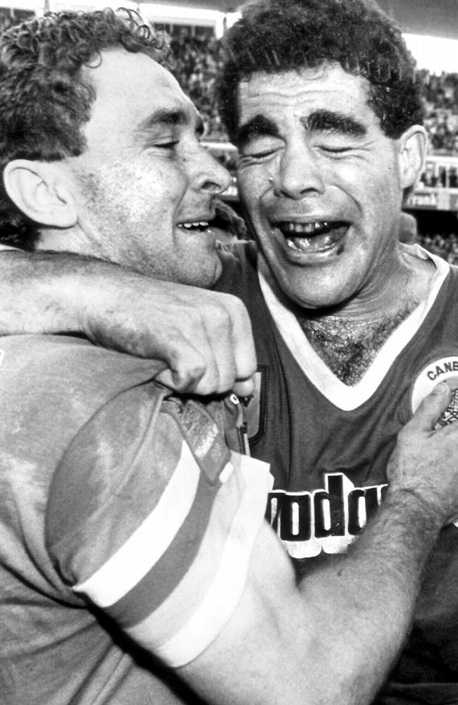 Ricky Stuart and Mal Meninga after Canberra won the 1989 grand final. Mal’s tears were the first sign of any emotion all day.