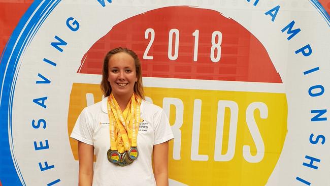 Tahlia Dilkes with her medals at the Surf Life Saving World Championships in Adelaide. Picture supplied.