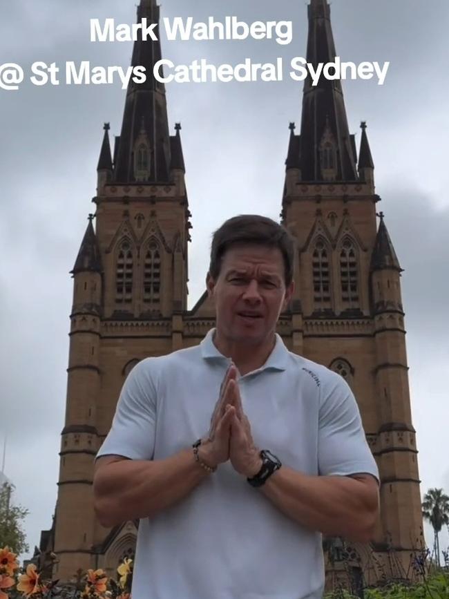 Devout Catholic Mark Wahlberg outside St Mary's Cathedral in Sydney last Sunday. Photo: TikTok