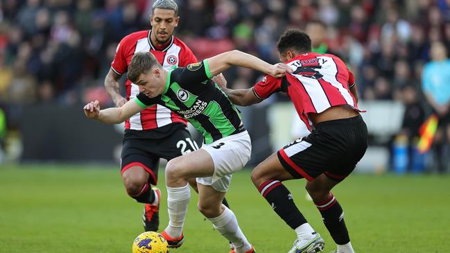 Evan Ferguson of Brighton evades the Sheffield United defenders. Picture: David Rogers/Getty Images