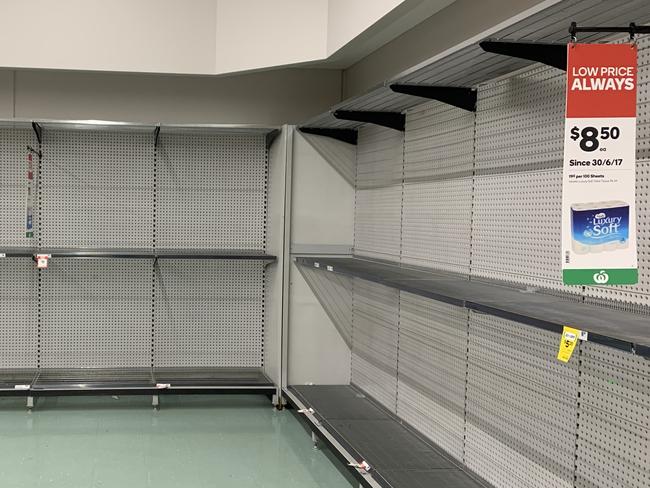 Toilet paper aisle is looking empty again at Woolworths at Northpark plaza in Prospect , 4 August 2020 . Picture: Supplied