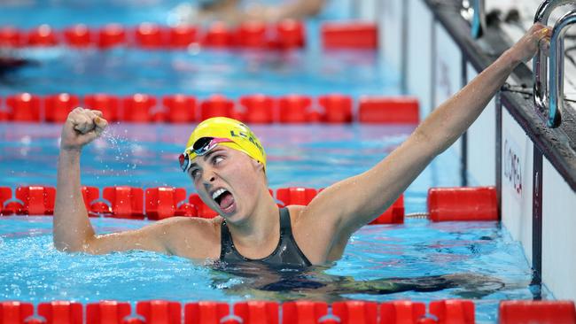 Alexa Leary of Team Australia reacts after setting a new World Record. Picture: Adam Pretty/Getty Images