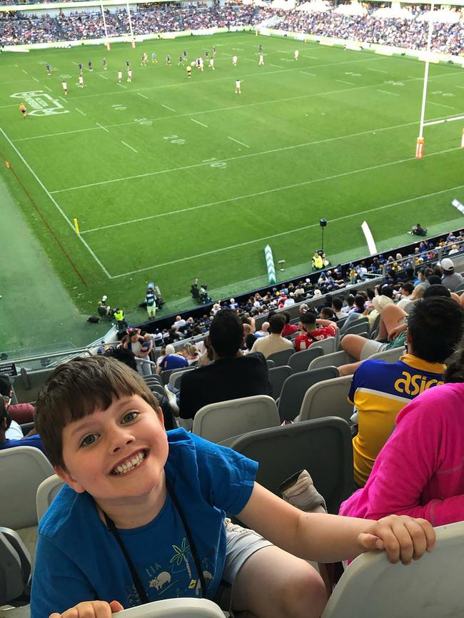 Footy mad Eli Healy at a Parramatta Eels game. Picture: Bec Healy