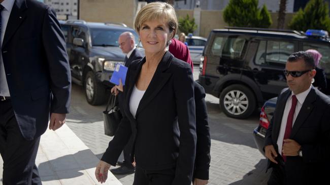 Australian Foreign Minister Julie Bishop arrives for a meeting with Palestinian Prime Minister Rami Hamdallah, in the West Bank City of Ramallah on Monday. Picture: AP Photo/Majdi Mohammed